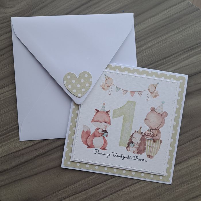Kartka na roczek, urodzinki ze zwierzątkami