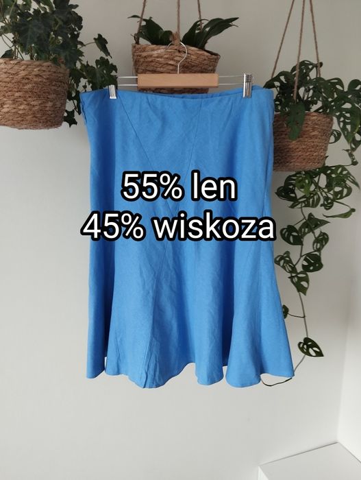 Niebieska, letnia midi spódnica, kontrafałdy, lniana, naturalny skład