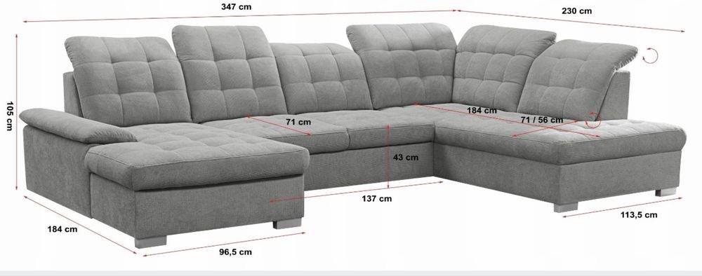 Narożnik U sofa grafit funkcja spania pojemnik regulowane zagłówki