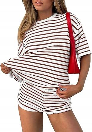 Damski dres dwuczęściowy, wiskozowy, w paski, XL, biało-brązowy