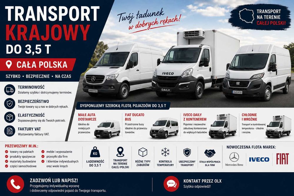 Transport krajowy do 3,5 t | Busy, Kontenery, Chłodnie i Mroźnie | Cała Polska
