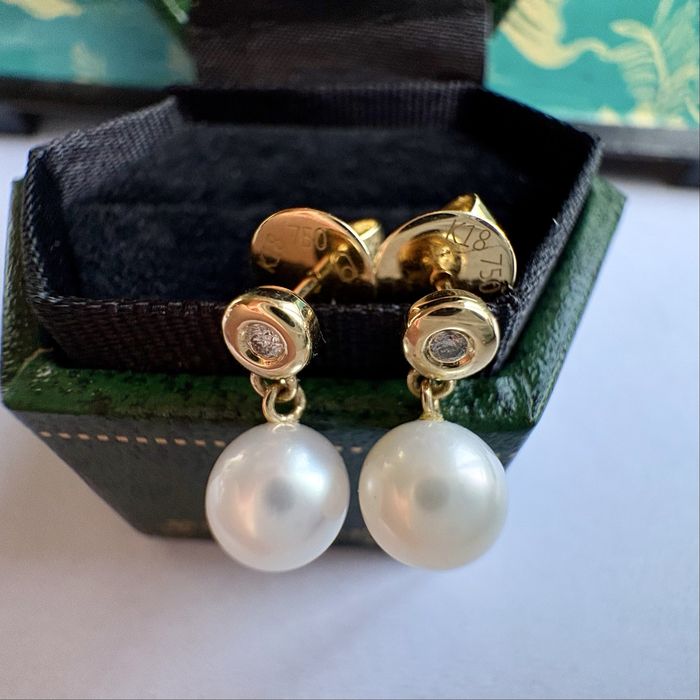 Retro kolczyki złoto 18 k perły diamenty sztyfty Certyfikat