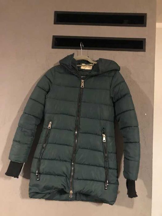 Długa pikowana kurtka zimowa ciemnozielona Parka płaszcz  158