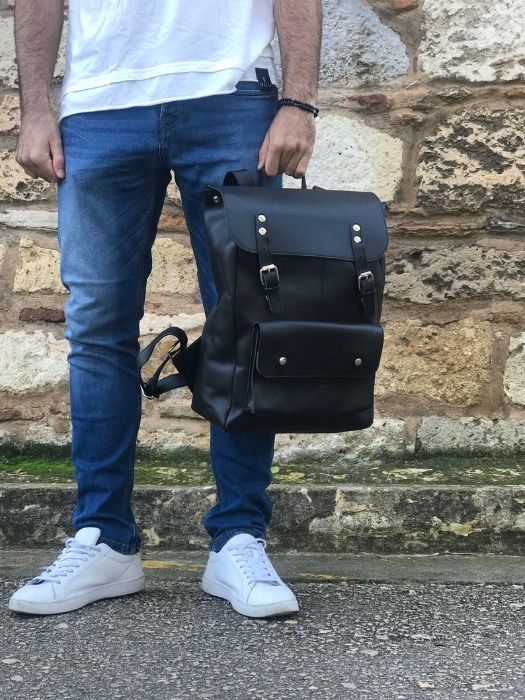 Мужской черный кожаный рюкзак ручной работы. Натуральная кожа