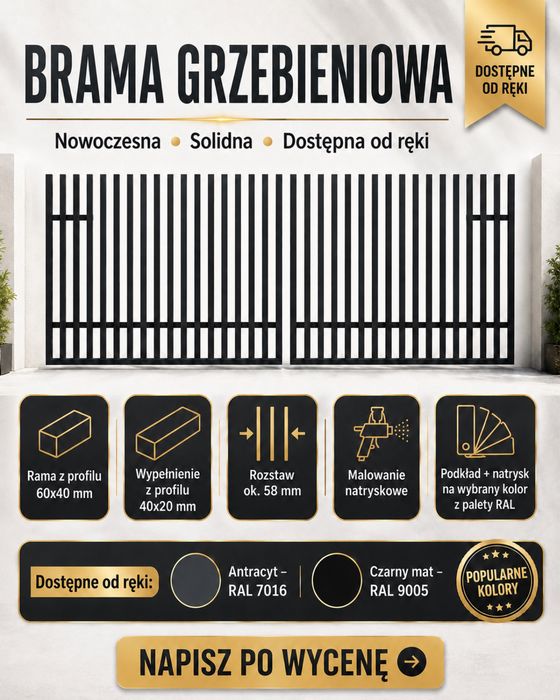 Nowoczesna brama wjazdowa  grzebieniowa 4m 5m dwuskrzydlowa / przesuwna na wymiar