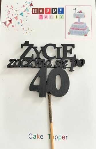 Topper Drewniany Czarny Życie Zaczyna Się po 40-Tce