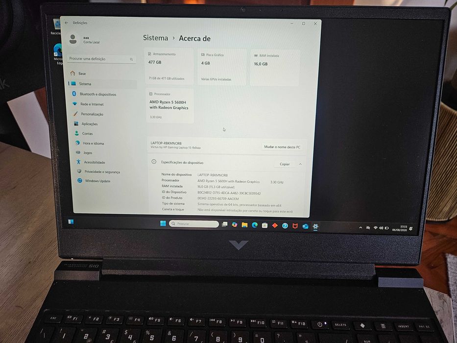 Portátil Gaming HP Victus 15-fb0021np (144Hz, Ryzen 5 5600H, Radeon RX 6500M,16GB,512GB) c/3 anos garantia