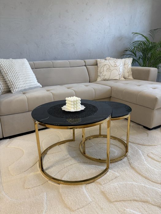 zestaw stolików kawowych okrągłych czarny marmur/złoto