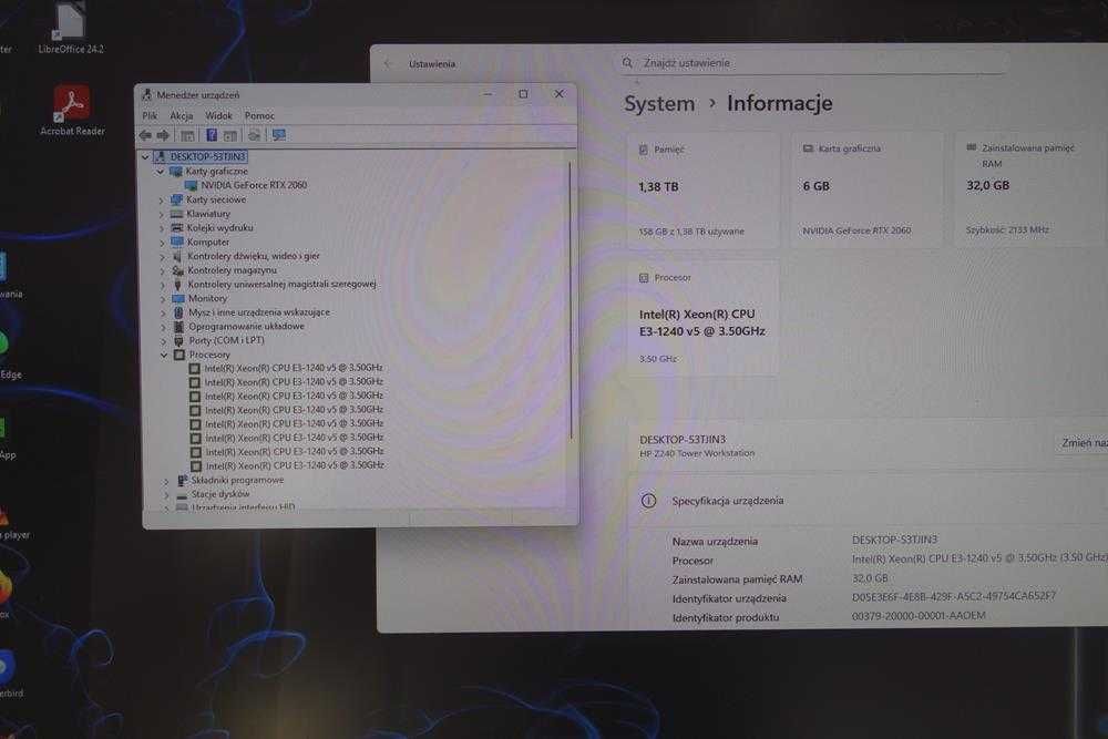 Komputer Używany HP Z240 Xeon 32GB 512 SSD 1TB HDD RTX 2060 W11 GW FV