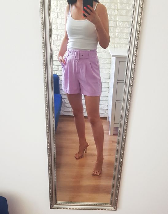 Spodenki shorty krótkie liliowe fioletowe eleganckie pasek S 36