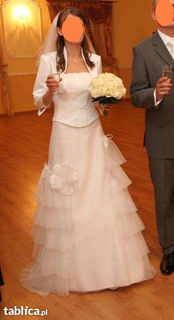 Biała UNIKATowa z trenem gorset falbany suknia ślubna r. 34/36