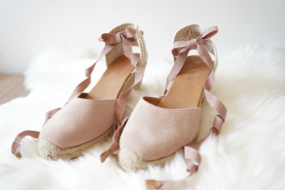 Skórzane espadryle Sosandar 41 pudrowy róż warkocze na koturnie summer espadrilles sandały skóra naruralna
