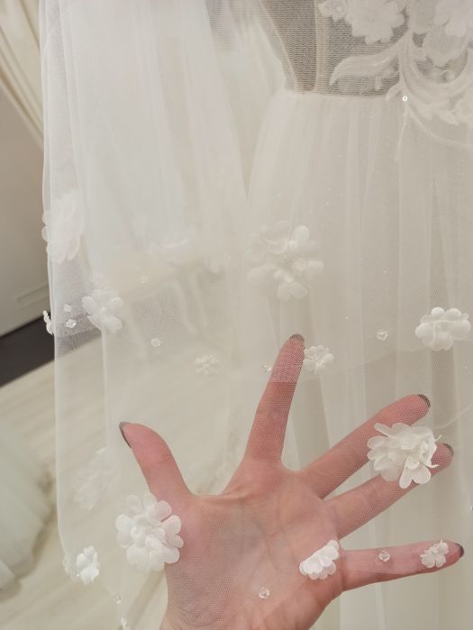 Nowy welon krótki długi koronka kwiatki  3d ivory ecru