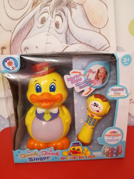 Karaoke z mikrofonem, śpiewak, grająca kaczka