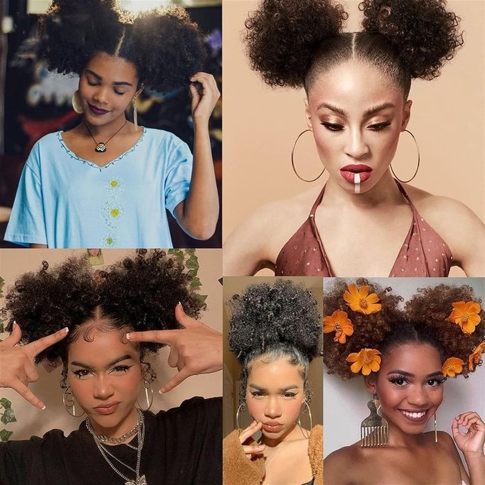 Doczepiane Włosy Afro Puff Krótkie Kręcone Ciemnobrązowe 2 Sztuki