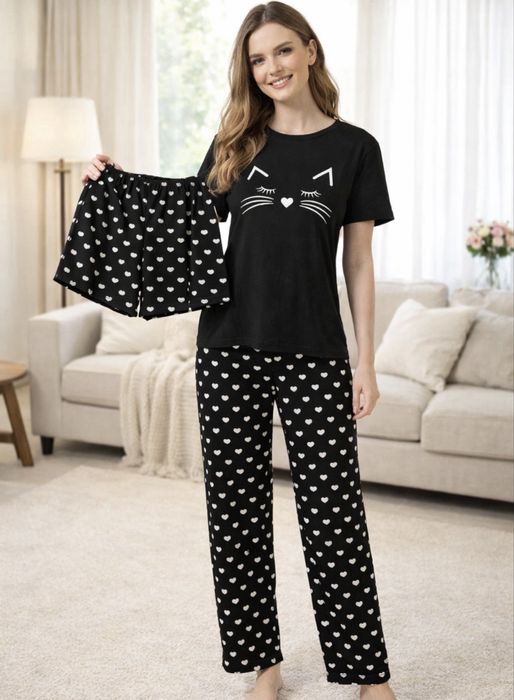 Жіноча піжама з котиком та сердечками — футболка + штани/шорти