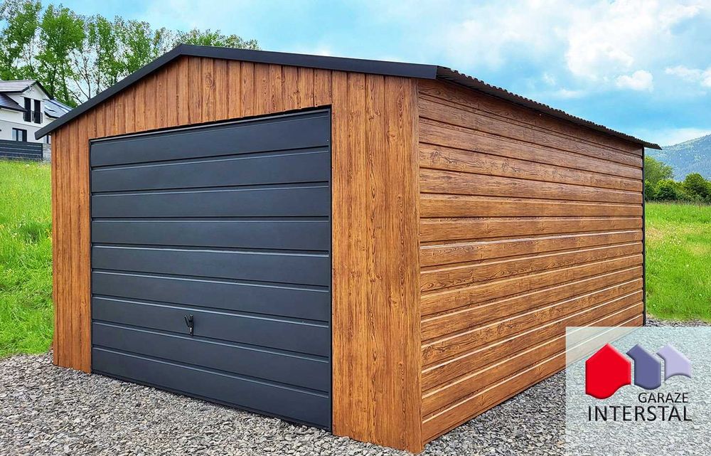 Garaż Blaszany 4x5 Drewnopodobny Garaże Orzech poziomy układ + Obróbki