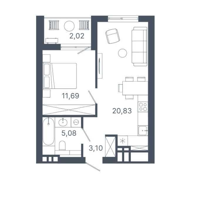 ЖК Шелест: 1-кімнатна квартира 42.72 м²