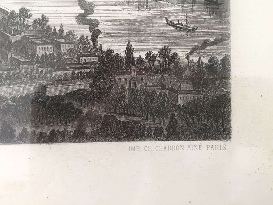 Gravura panorama de Paris com Arco do Triunfo e moldura