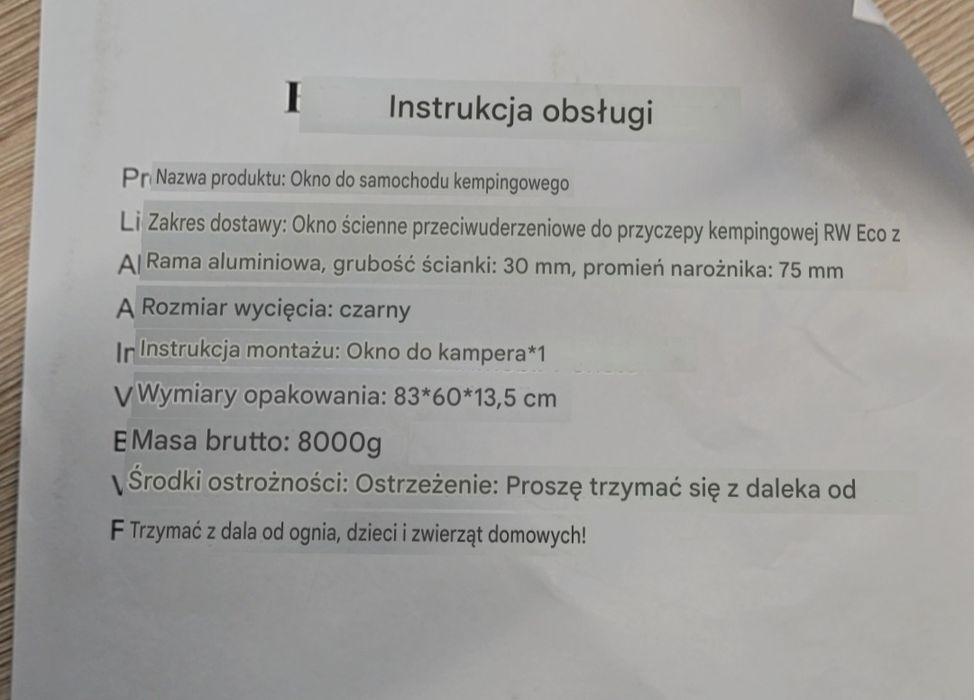 Okno do kampera kwadratowe uchylne