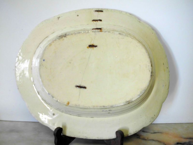 lindo antigo prato oval - travessa em faiança portuguesa-azul castanho