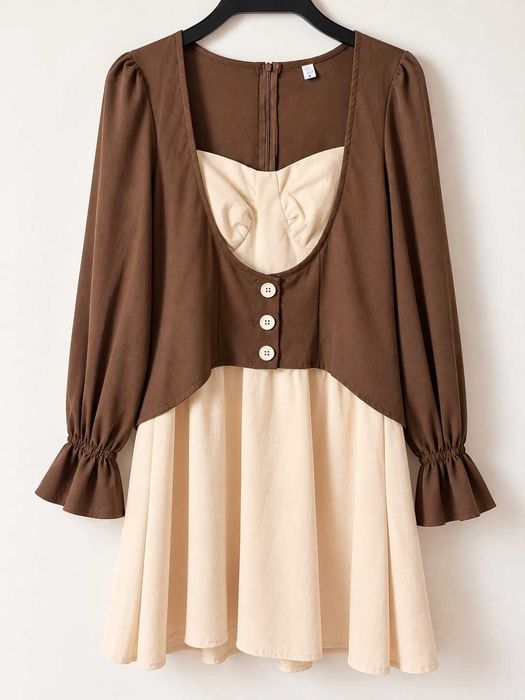 Vestido castanho e bege com botões — Tamanho S