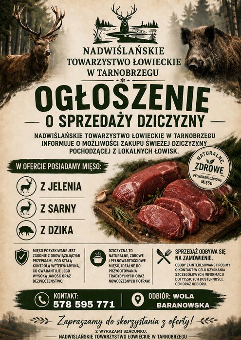 Sprzedaż świeżej dziczyny Tarnobrzeg SARNA// DZIK//JELEŃ