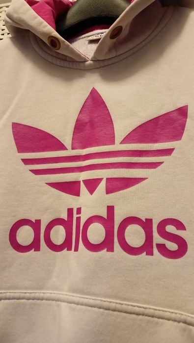 Biała oryginalna bluza adidas z kapturem różowe logo