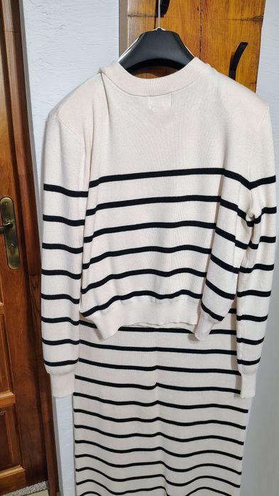 H&m komplet spódnica sweter M paski beżowo-czarne