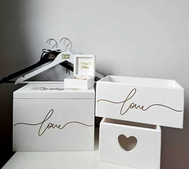 Zestaw dekoracji pudełko na koperty obrączki Koszyczki wieszaki ślubne