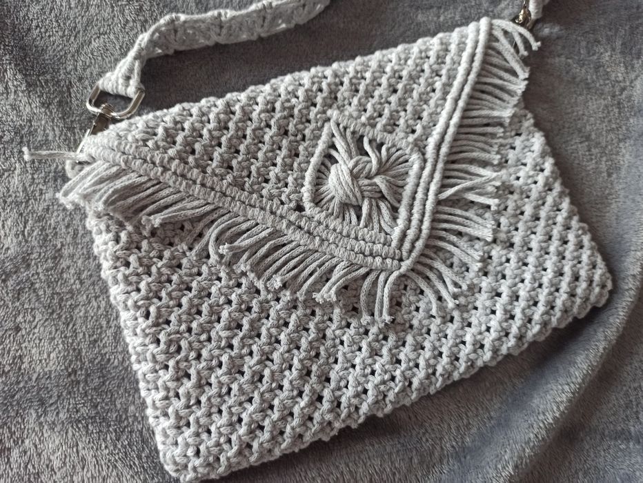 Piękna Szara torebka makrama Boho ręcznie robiona