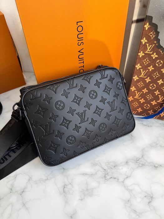 Мужская сумка черная луи витон трио Louis Vuitton Trio кожаная lv