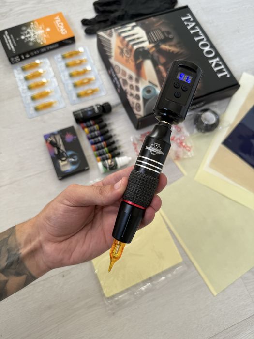 Kit Tattoo/ Tatuagem COMPLETO Máquina Pen Sem Fios c/Pele treino