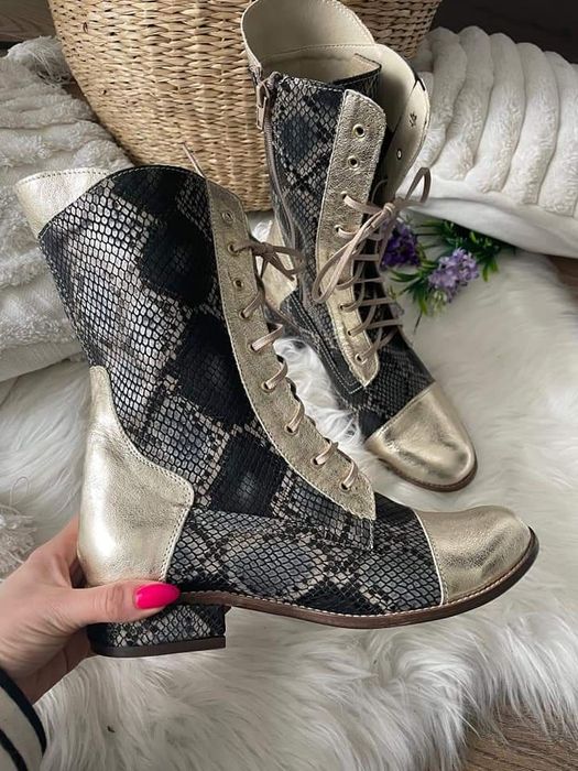 Eleganckie botki workery wężowe dwa wzory skóra naturalna