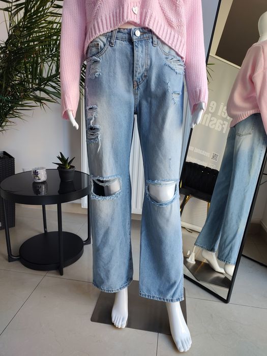 Jeansy Wide Leg z przetarciami - niebieski S