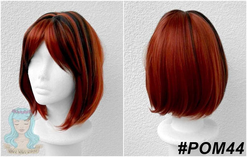Krótka bob ruda czerwona pomarańczowa peruka z czarnymi pasemkami grzywką cosplay wig bob krótki rudy na konwent halloween zabawę imprezę przebranie