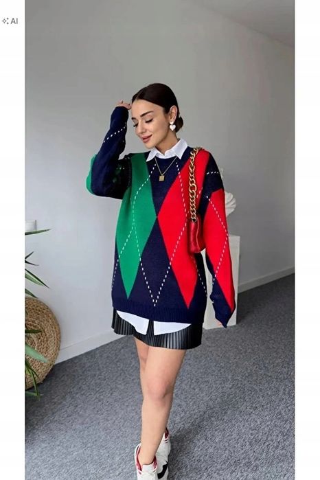 Sweter damski pleciony w romby w stylu vintage 5ia