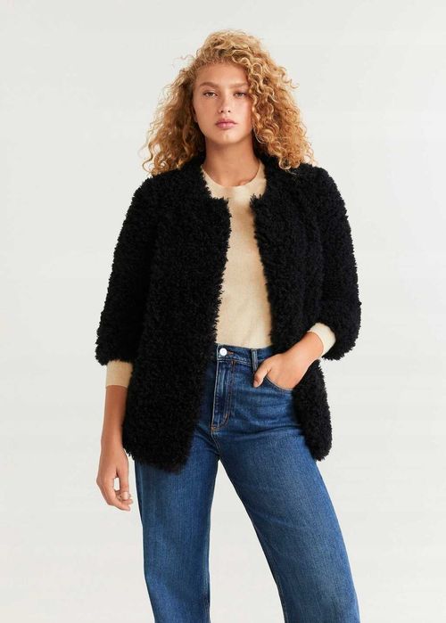 Mango płaszcz damski czarny oversize  sztuczne futerko  rozmiar S