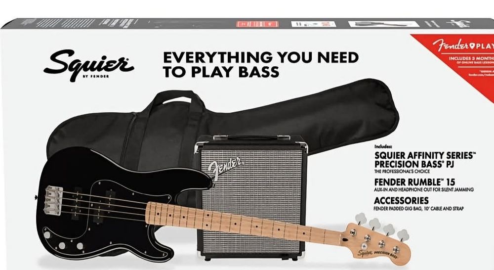 Kit Baixo Squier Precision PJ + Amplificador Fender Rumble 15 + Acessórios