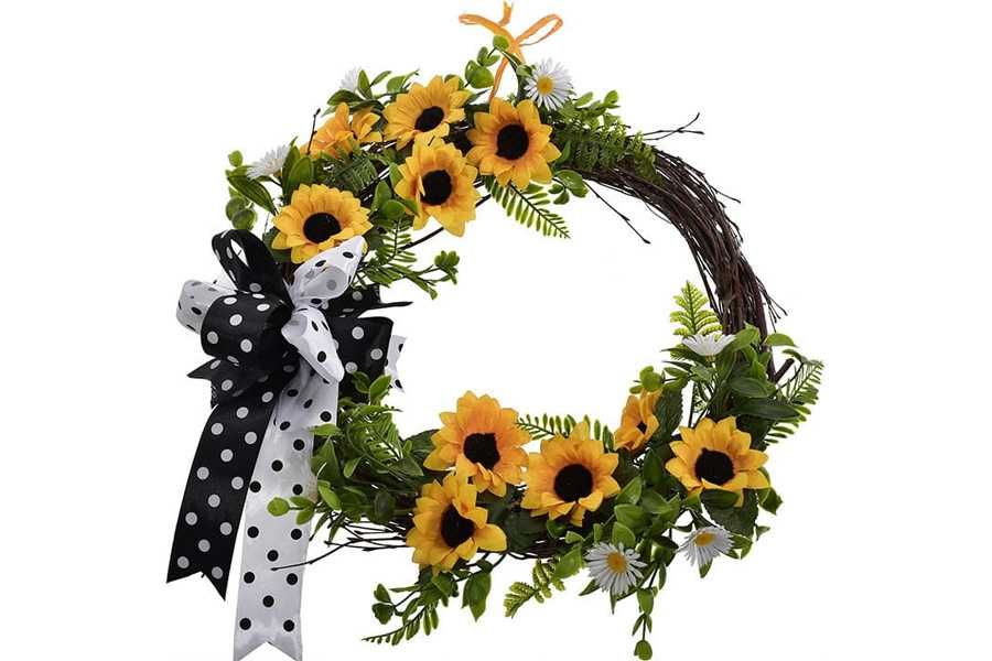 Wianek drzwi dekoracja sztuczne kwiaty stroik gałązka słonecznik