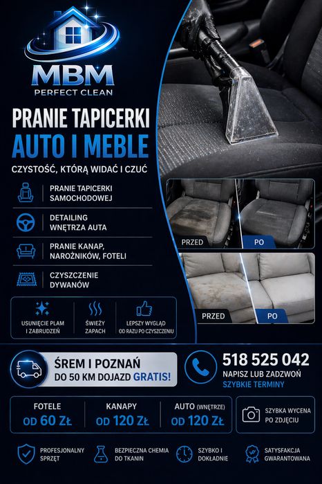 Pranie tapicerki | Czyszczenie auta | Detailing | Kanapy, fotele | Śrem i okolice