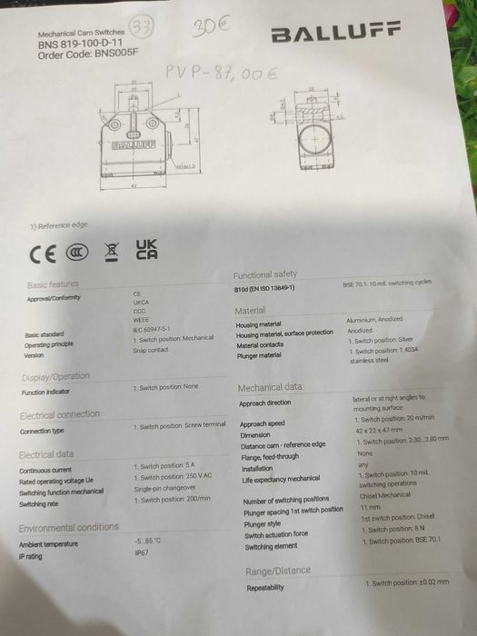 Fim de Curso de Alta Resistencia BALLUFF de 11 cm