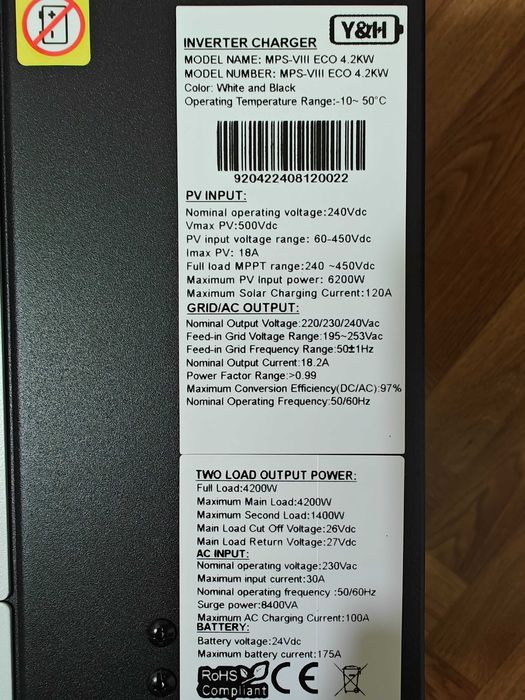 Гібридний інвертор Y&H MPS-VIII ECO 4.2kW WiFi (24V)