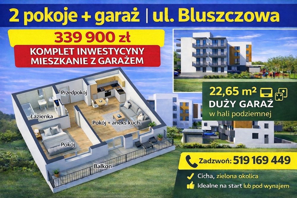 2 pokoje + GARAŻ W CENIE | świetna cena | ul. Bluszczowa  30,41m2 Garaż 22,65m2