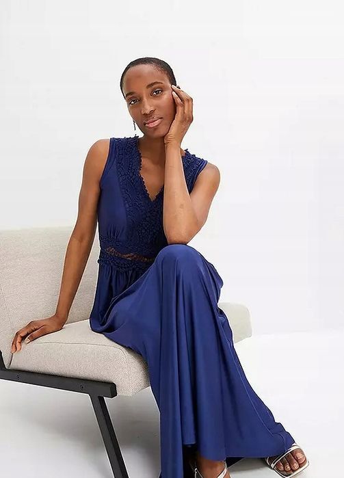 B.P.C sukienka granatowa maxi z ażurową koronką r.36/38