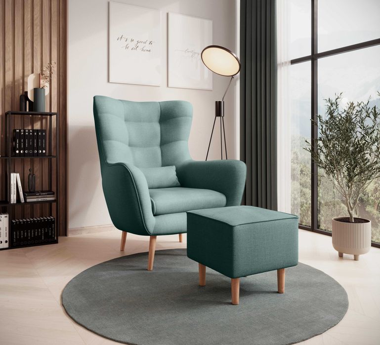 Fotel uszak z podnóżkiem Maya 14 nóżki buk