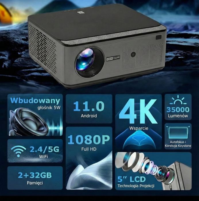 Rzutnik Smart TV Voxflix VF71 - Obraz 4K, Android 11, 35000 Lumenów