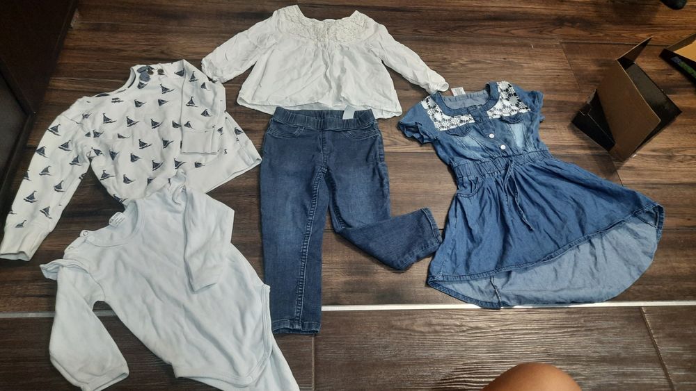 Zestaw 92 98 Denim bluzka jeans H&M Next żaglowki haft body falbanki
