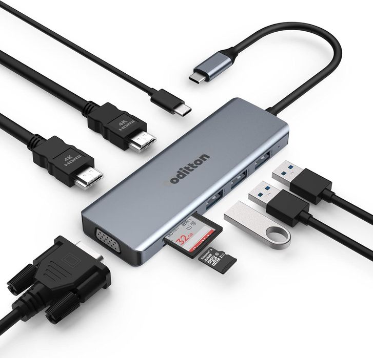 [Novo] Docking Station USB C Hub - Dual HDM 4K, VGA, RJ45 Gigabit, Mic