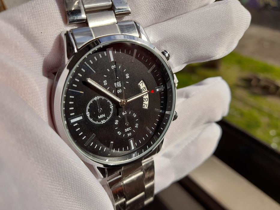 Novo! Relógio aço inoxidável desportivo cronógrafo preto metal